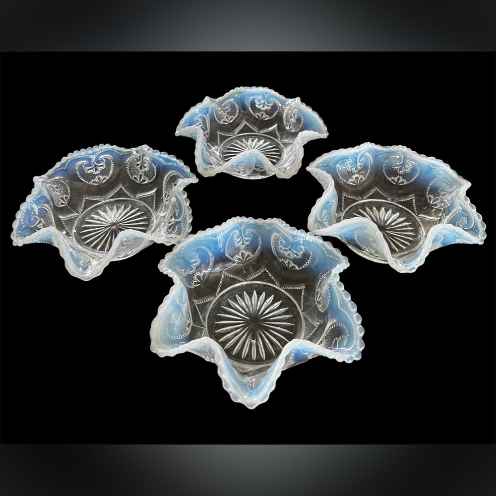 4pc Dugan 6" Jeweled Heart Blue & White Opalescent Ruffled Edge Bowls 1905 MINT!